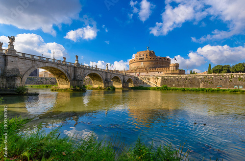 Castle Sant Angelo (Mausoleum of Hadrian), bridge Sant Angelo and river Tiber in Roma, Italy. Architecture and landmark of Rome. Cityscape of Rome.