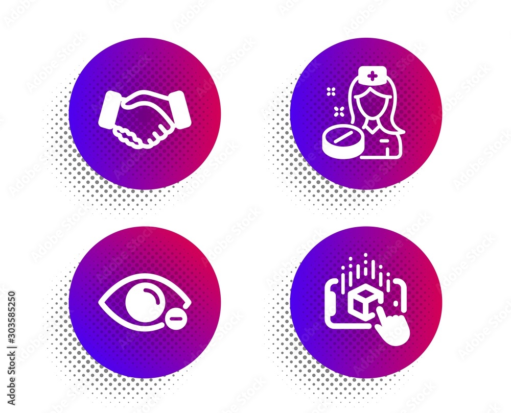 Nurse, Handshake and Myopia icons simple set. Halftone dots button. Augmented reality sign. Medicine pill, Deal hand, Eye vision. Phone simulation. People set. Classic flat nurse icon. Vector Nurse, Handshake and Myopia icons simple set. Halftone dots button. Augmented reality sign. Medicine pill, Deal hand, Eye vision. Phone simulation. People set. Classic flat nurse icon. Vector