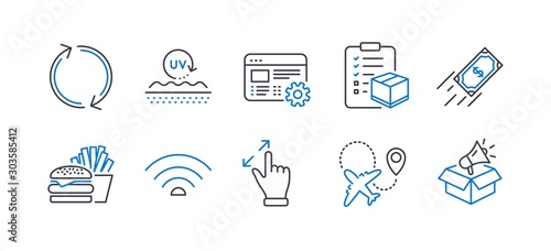 Set of Business icons, such as Wifi, Refresh, Touchscreen gesture, Parcel checklist, Web settings, Uv protection, Burger, Airplane, Fast payment, Megaphone box line icons. Line wifi icon. Vector