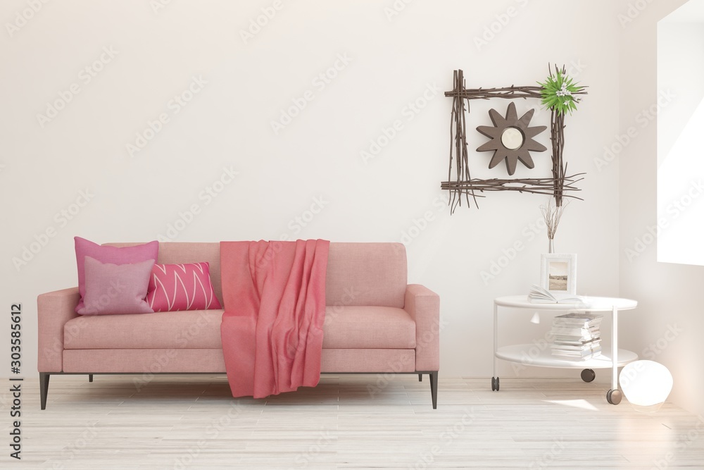 Obraz premium Stylish room in white color with pink sofa. Scandinavian interior design. 3D illustration