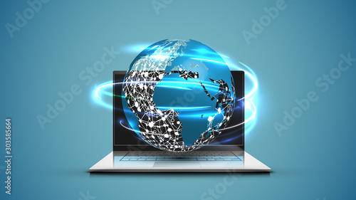 Realistic laptop with 3D world map with blue background, vector illustration