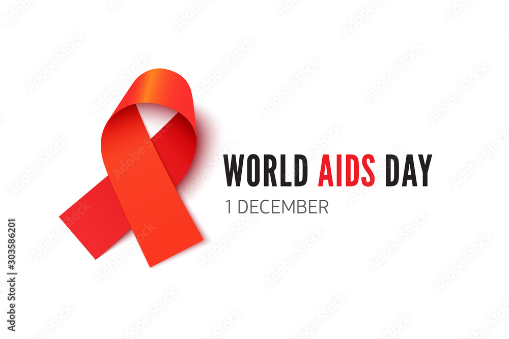 World AIDS day, awareness month banner vector template. HIV positive people support, tolerance poster design element. Red solidarity ribbon illustration with typography isolated on white background - obrazy, fototapety, plakaty 