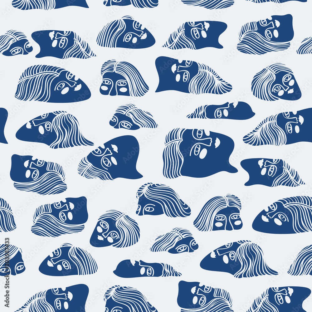 Seamless pattern with women heads with long hair in water in Scandinavian style