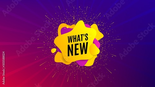 Whats new symbol. Dynamic text shape. Special offer sign. New arrivals symbol. Geometric vector banner. Whats new text. Gradient shape badge. Colorful background. Vector