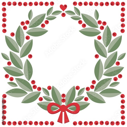 cranberry wreath with leaves, berries, heart shape and red bow vector isolated winter holiday card poster centerpiece illustration isolated on white background