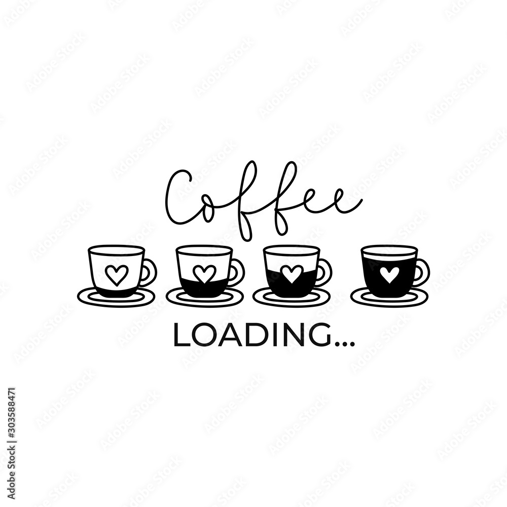 Coffee loading funny card or print with lettering vector illustration. Template of cups with heart symbols and caffeine downloading flat style design. Java time concept Coffee loading funny card or print with lettering vector illustration. Template of cups with heart symbols and caffeine downloading flat style design. Java time concept
