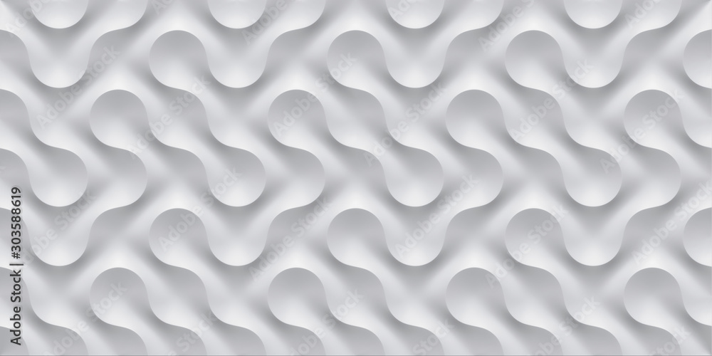 3D illustration white seamless pattern waves light and shadow. Wall decorative panel - obrazy, fototapety, plakaty 