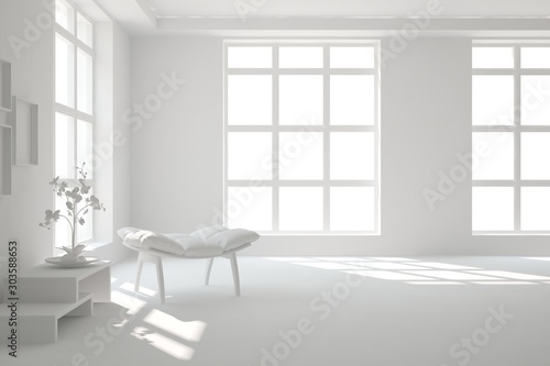 Mock up of stylish room in white color with armchair. Scandinavian interior design. 3D illustration