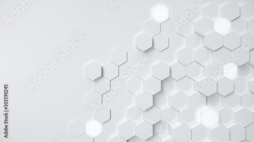 White geometric hexagonal abstract background. Surface polygon pattern with glowing hexagons, hexagonal honeycomb. Abstract white self-luminous hexagons. Futuristic abstract background 3D Illustration © rost9