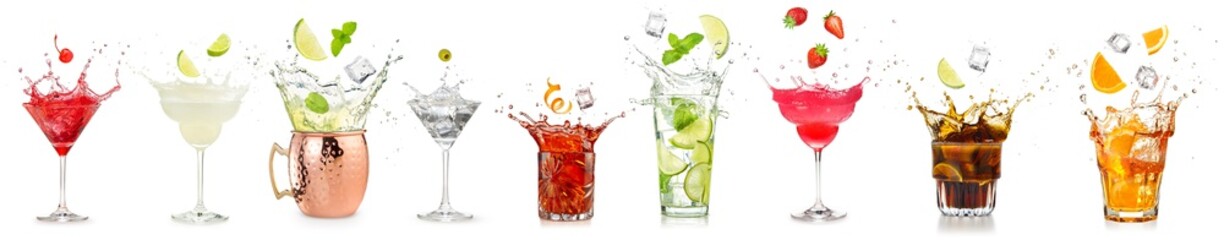 splashing cocktails collection isolated on white background.