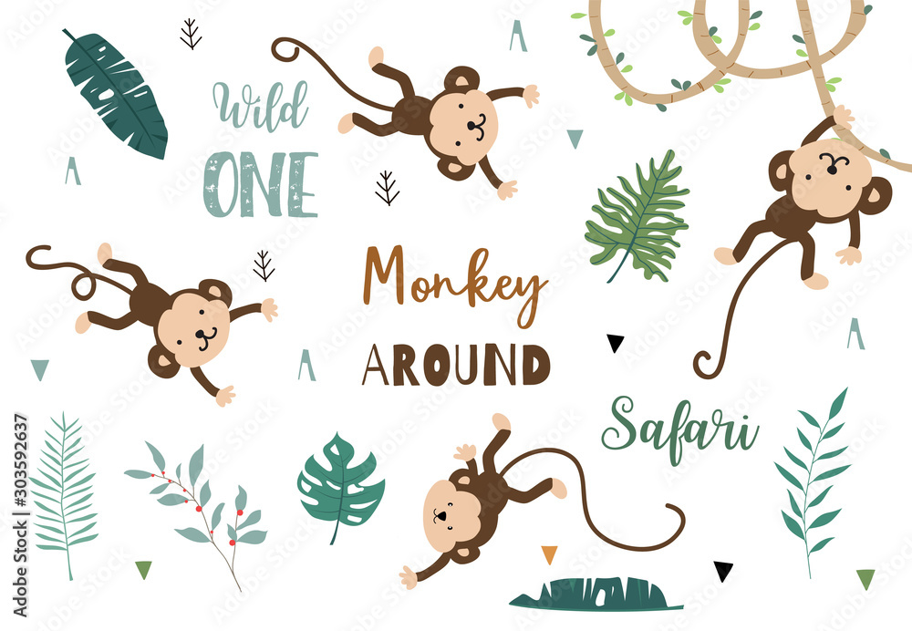 Cute animal object collection with monkey and leaves.Vector illustration for icon,logo,sticker,printable.Include wording monkey around Cute animal object collection with monkey and leaves.Vector illustration for icon,logo,sticker,printable.Include wording monkey around