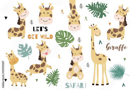 Cute animal object collection with giraffe and leaves.Vector illustration for icon,logo,sticker,printable.Include wording let's get wild