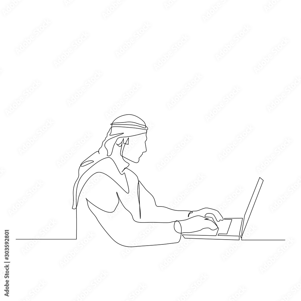 Continuous one line man in arabian clothes works at a laptop. Education concept. Vector stock illustration. Continuous one line man in arabian clothes works at a laptop. Education concept. Vector stock illustration.