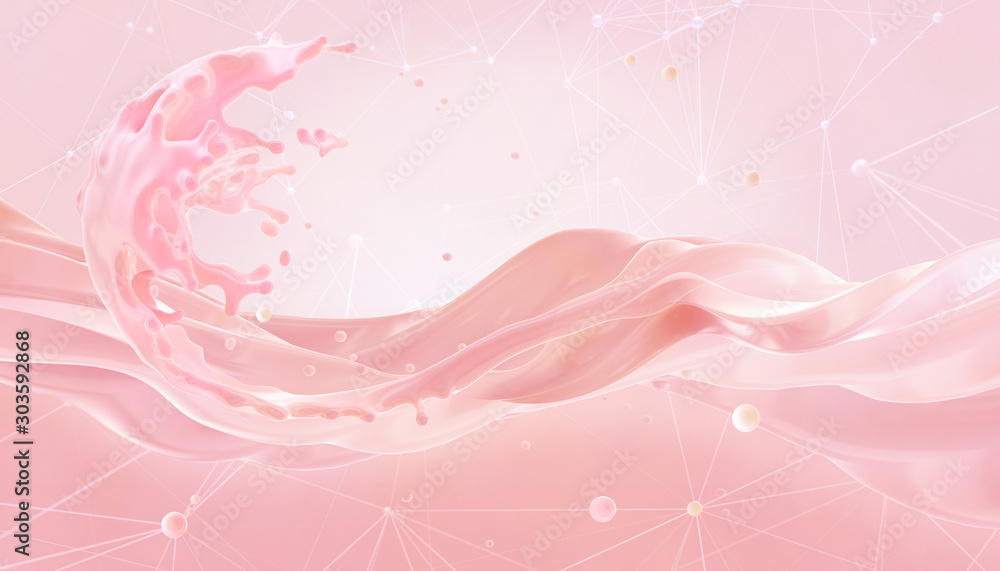Liquid cosmetic 3D fluid splash on pink molecular structure background. Glossy fluid, foundation, hydration cream, liquid texture shampoo, face skin care cosmetic soap, concealer wave liquid splash ad Liquid cosmetic 3D fluid splash on pink molecular structure background. Glossy fluid, foundation, hydration cream, liquid texture shampoo, face skin care cosmetic soap, concealer wave liquid splash ad
