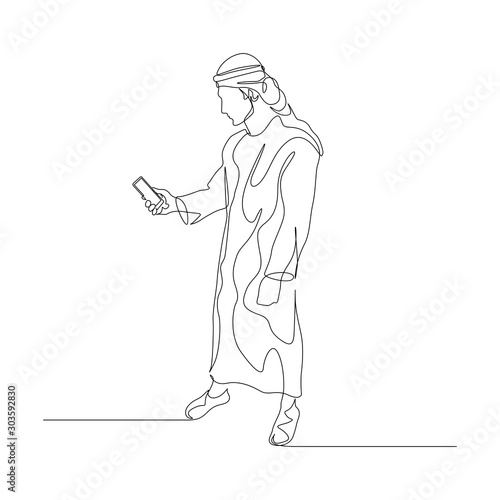 Continuous one line man in arabic clothes use smartphone. Vector stock illustration.