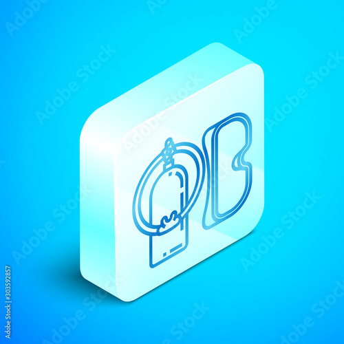Isometric line Diving mask and aqualung icon isolated on blue background. Oxygen tank for diver. Extreme sport. Sport equipment. Silver square button. Vector Illustration