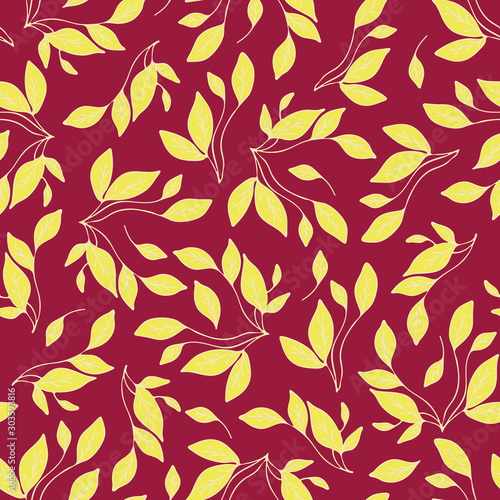 Seamless vector pattern with leaves on pink purple background. Ideal for bedding, fabric, wallpaper design.