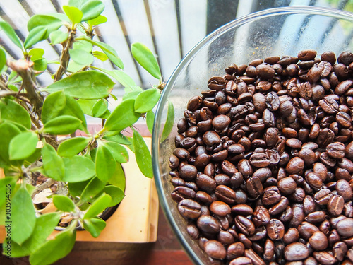 Close-Up Roasted coffee beans with background