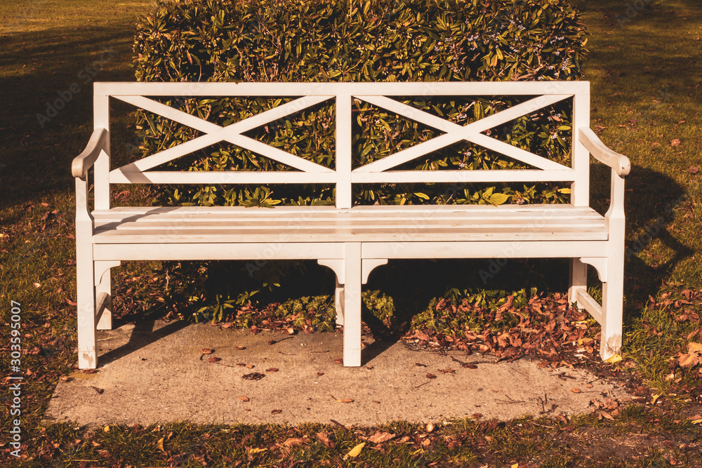 Φωτογραφία View of white Patio Bench in the garden in the fall season with the alone mood