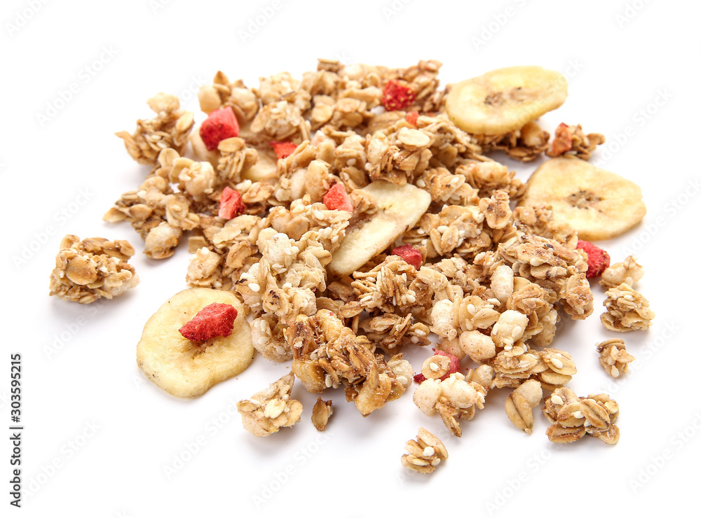 Tasty granola with fruits on white background Tasty granola with fruits on white background