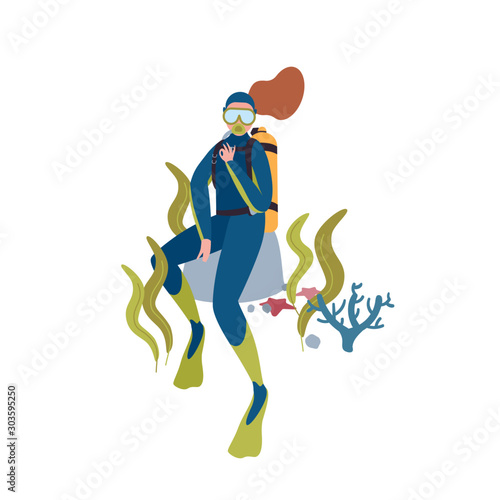 Female diver flat vector character illustration