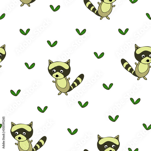 Seamless vector pattern with cute raccoons. Children wallpaper design with animals. Simple hand drown character on white background.