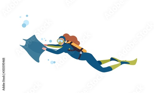 Female diver flat vector illustration. Woman swimming with stingray, exploring underwater world with mask and aqualung isolated on white background. Scuba diving hobby. Active recreation.