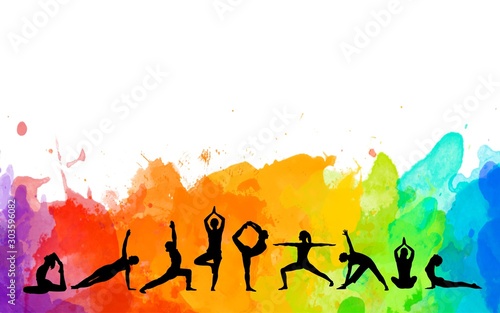 Fototapeta Naklejka Na Ścianę i Meble -  Detailed colorful silhouette yoga people illustration watercolor background. Fitness Concept. Gymnastics. Aerobics.