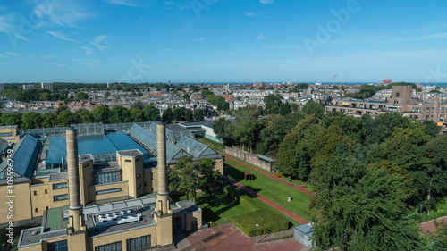 the hague cityscape with a historic old building and the old town in the background, netherlands 