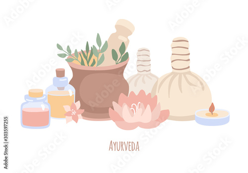 Vector illustration Ayurveda in trendy flat style and desaturated colors. Hand drawn elements of Ayurvedic massage isolated on white. Wellness, aromatherapy, body care concept.