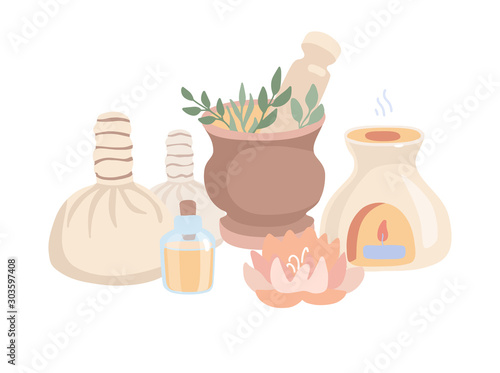 Vector illustration Ayurveda in trendy flat style and desaturated colors. Wellness, aromatherapy, body care composition. Set of doodle elements on Ayurvedic massage isolated on white background.