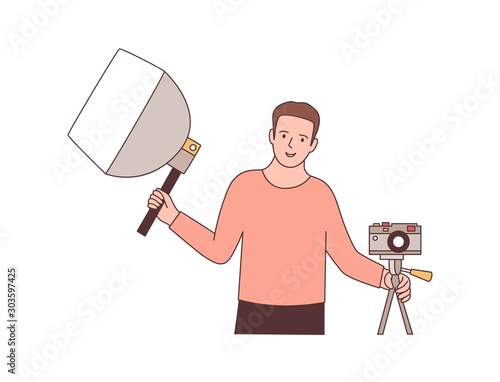Cameraman with photographic equipment flat vector illustration