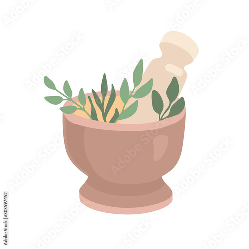 Vector illustration Mortar and Pestle with green herbs and leaves. Trendy flat object isolated on white background. Ayurveda, SPA, alternative medicine element.