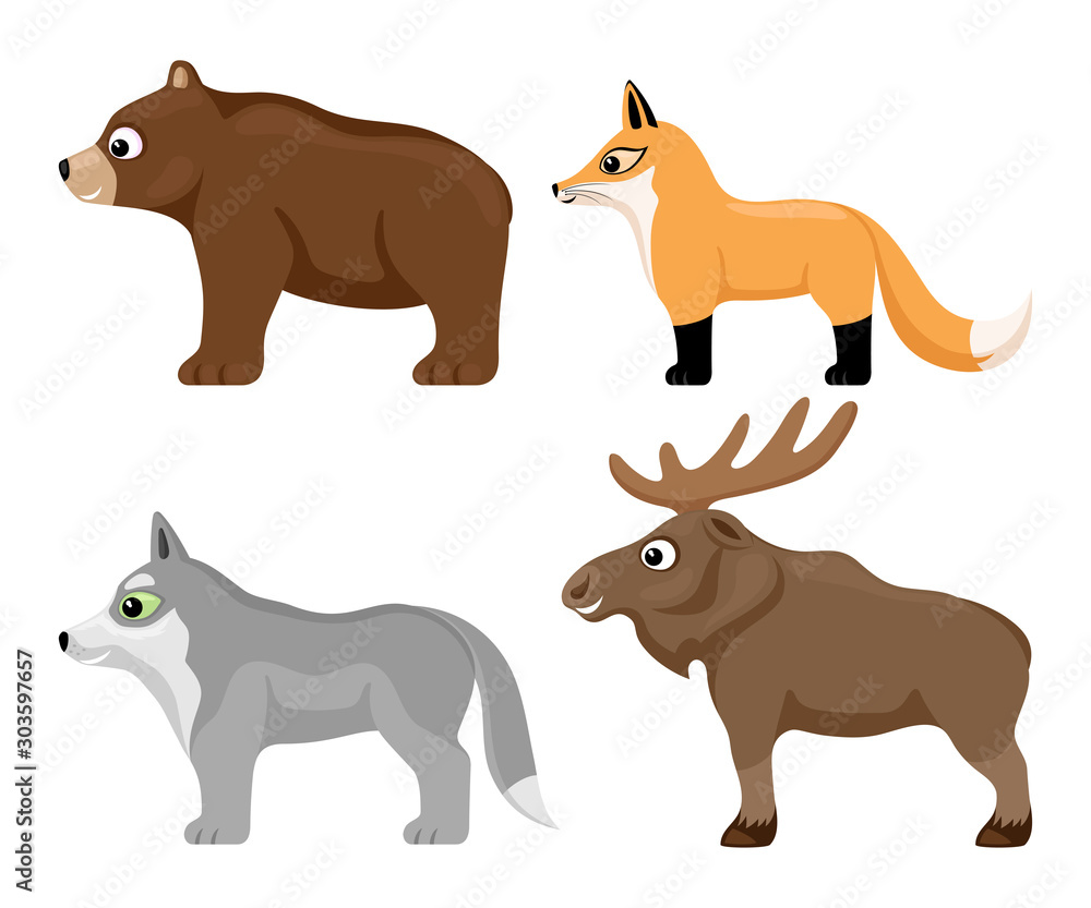 Set of cute forest animals on a white background.