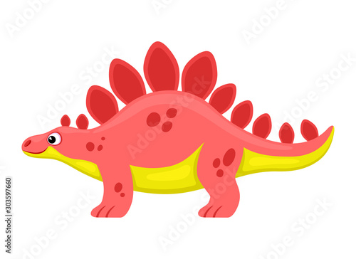 Cute pink stegosaurus dinosaur on a white background.