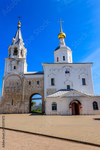 Remaining part of the Prince s palace of Andrey Bogolyubsky     the so-called Staircase Tower and Church of the Nativity of the Holy Virgin in Bogolyubovo convent in Vladimir oblast  Russia
