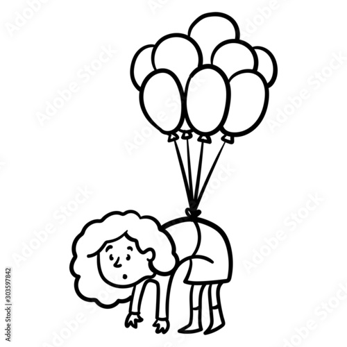 outline drawing of a little girl hanging from a bunch of balloons and flying to the sky. baffled, dream, birthday.