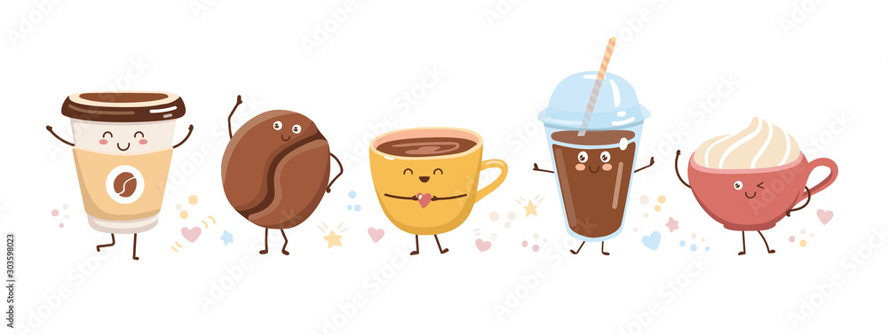Set of cute coffee characters in trendy kawaii style. Take away cups, mugs  and bean with hot beverage. Happy cartoon drinks with doodle stars and  hearts. Banner, card, poster design. Stock Vector |