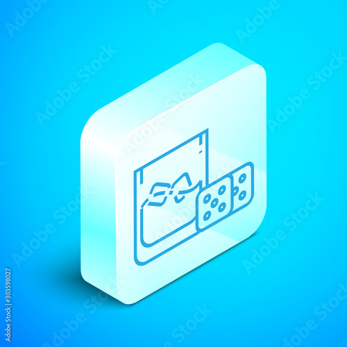 Isometric line Game dice and glass of whiskey with ice cubes icon isolated on blue background. Casino gambling. Silver square button. Vector Illustration