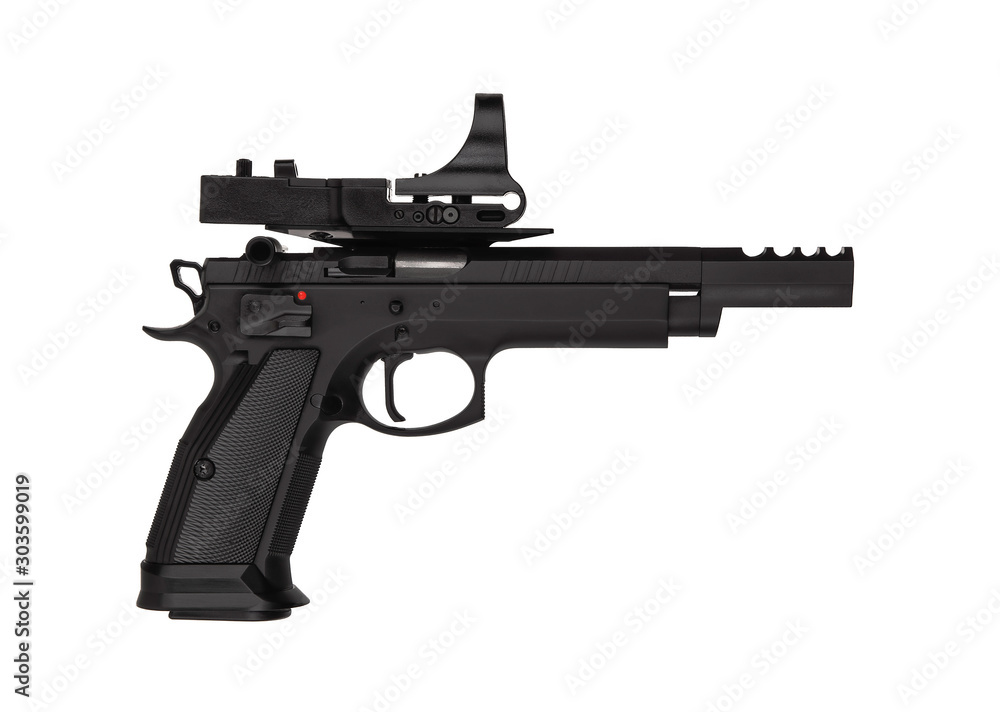 Modern sports pistol with a collimator sight. Gun isolate on a white background. Weapons for sports shooting at competitions and training in the shooting range.