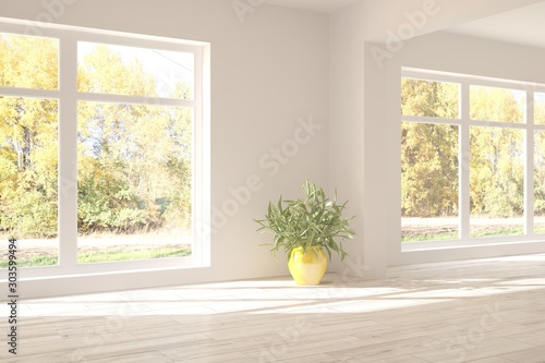 Fototapeta Naklejka Na Ścianę i Meble -  Stylish empty room in white color with autumn landscape in window. Scandinavian interior design. 3D illustration