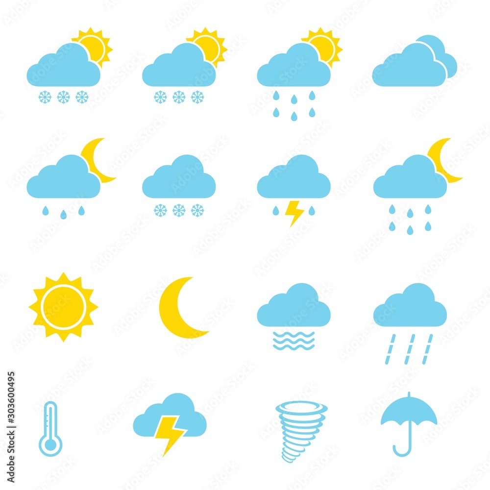 Set of weather icons, Flat vector symbols on dark background. Set of weather icons, Flat vector symbols on dark background.