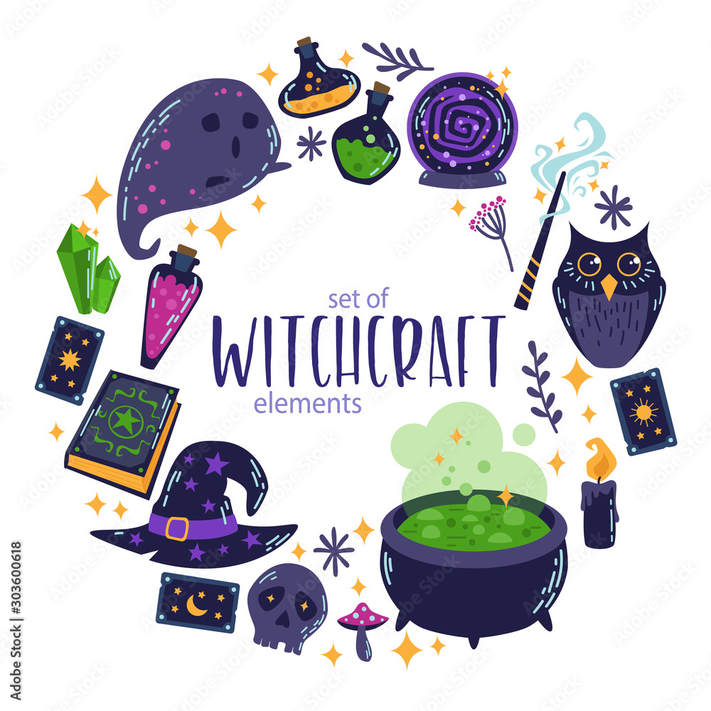 Premium Vector  Witchcraft magic background for witches and wizards vector  vintage collection hand drawn magic tools concept of witchcraft drawn magic  tools book candles potions cauldron cat hat balloon mandrake