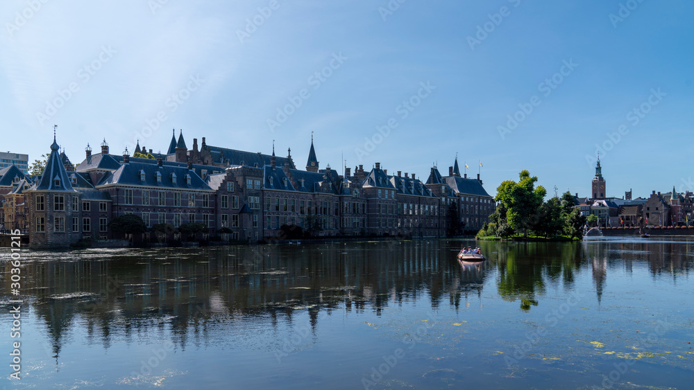  the Hague binnenhof lake with historic buildings in the background, Netherlands