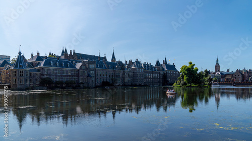  the Hague binnenhof lake with historic buildings in the background, Netherlands