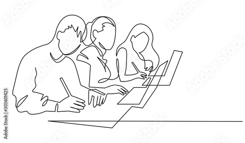 Group of people working continuous one line vector drawing. Students preparing to exams