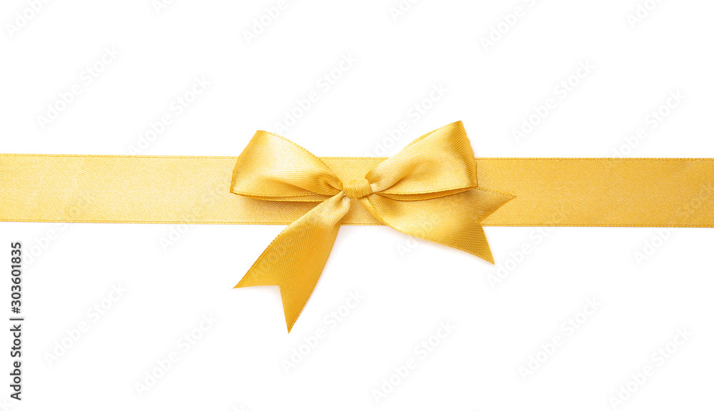 Golden ribbon with beautiful bow on white background Golden ribbon with beautiful bow on white background