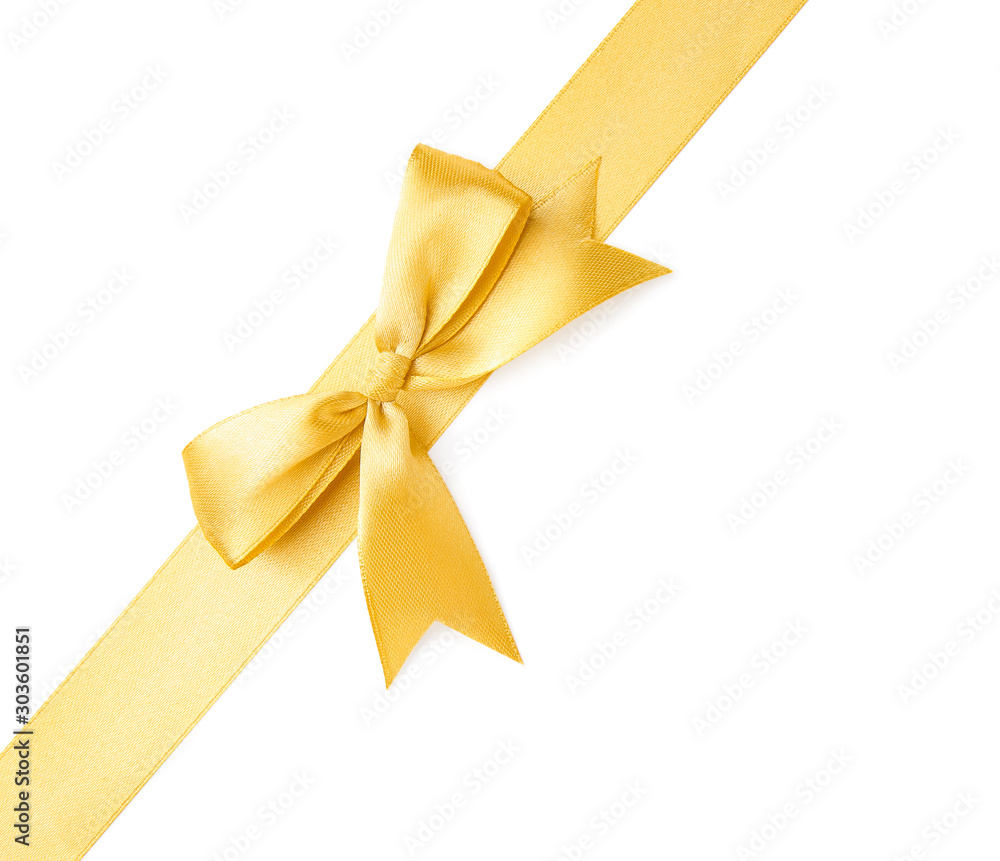 Golden ribbon with beautiful bow on white background Golden ribbon with beautiful bow on white background