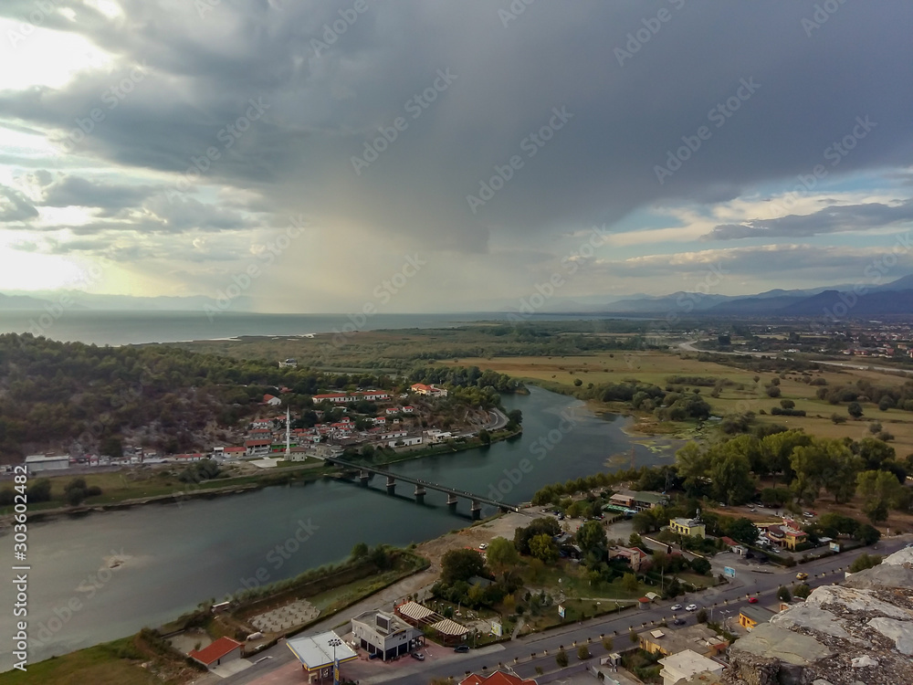Skadar town, lake, river, citadel and fortress on the border between Albania and Montenegro, view from above