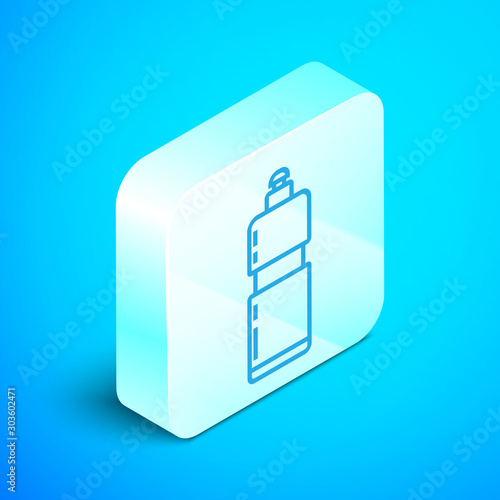 Isometric line Plastic bottle for liquid laundry detergent, bleach, dishwashing liquid or another cleaning agent icon isolated on blue background. Silver square button. Vector Illustration